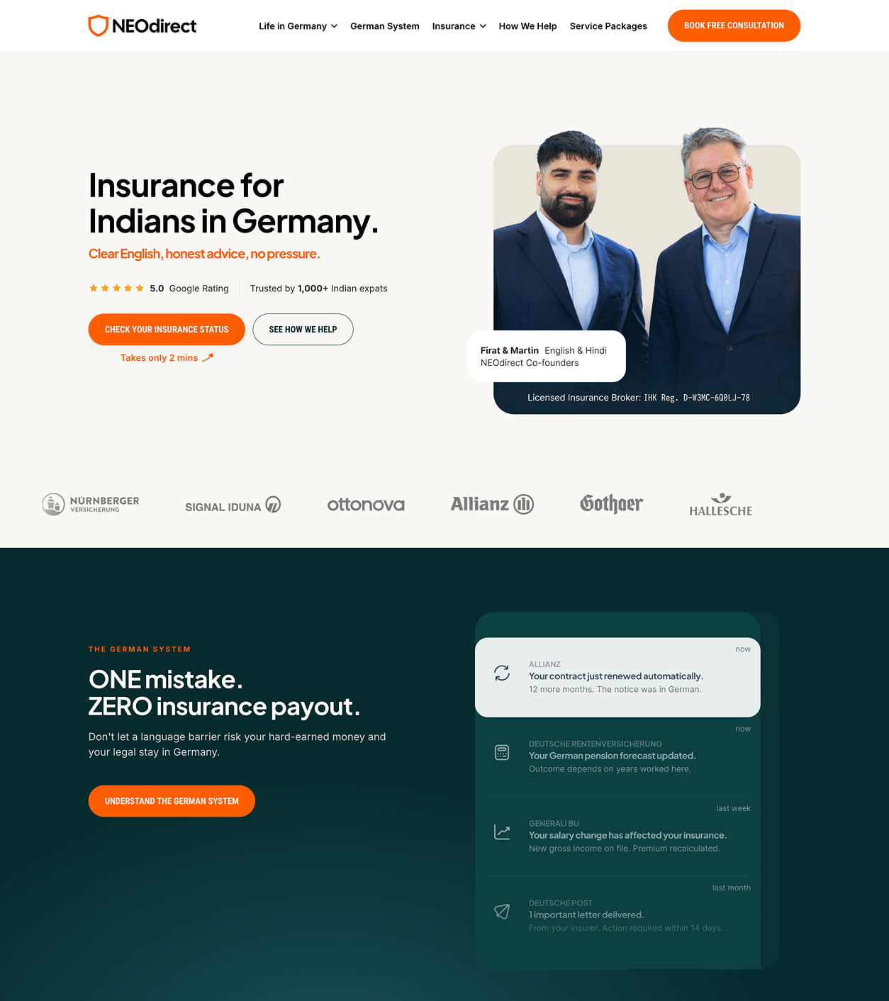 NEOdirect insurance webpage for Indians in Germany
