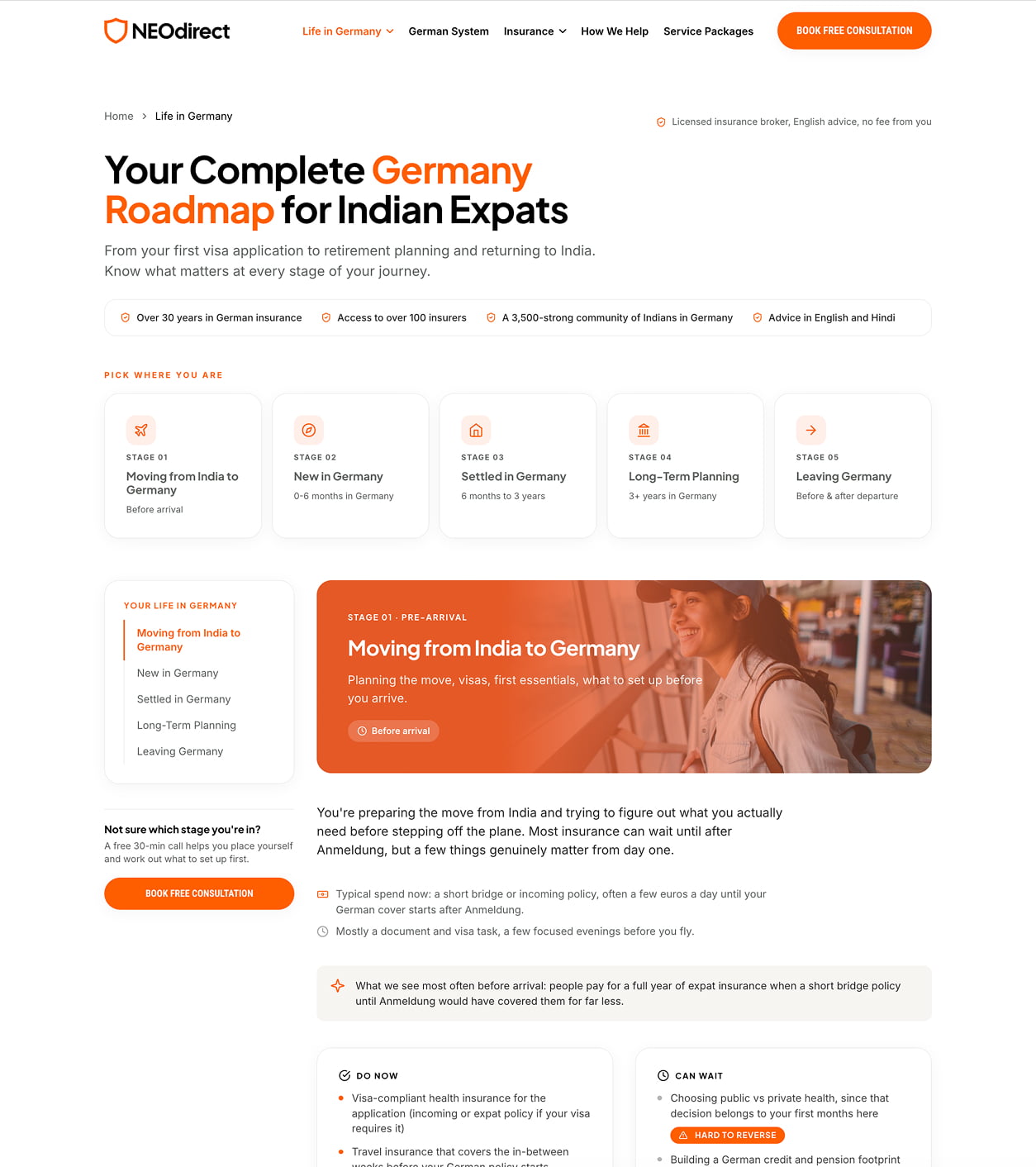 NEOdirect Germany roadmap webpage for Indian expats
