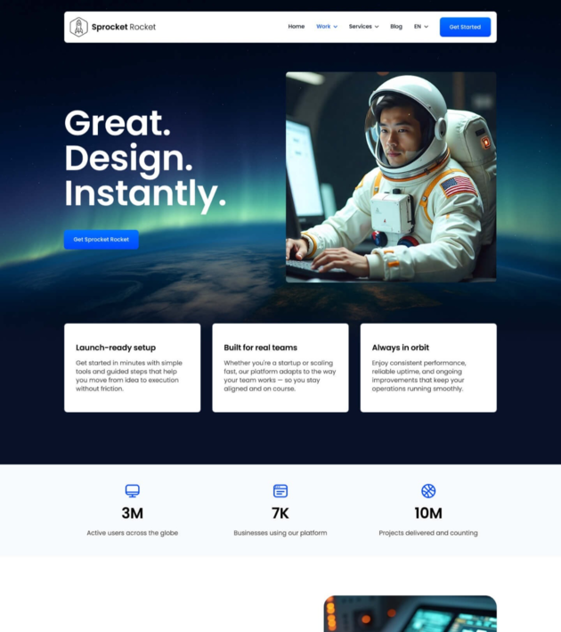 Homepage design example featuring an astronaut at a workstation